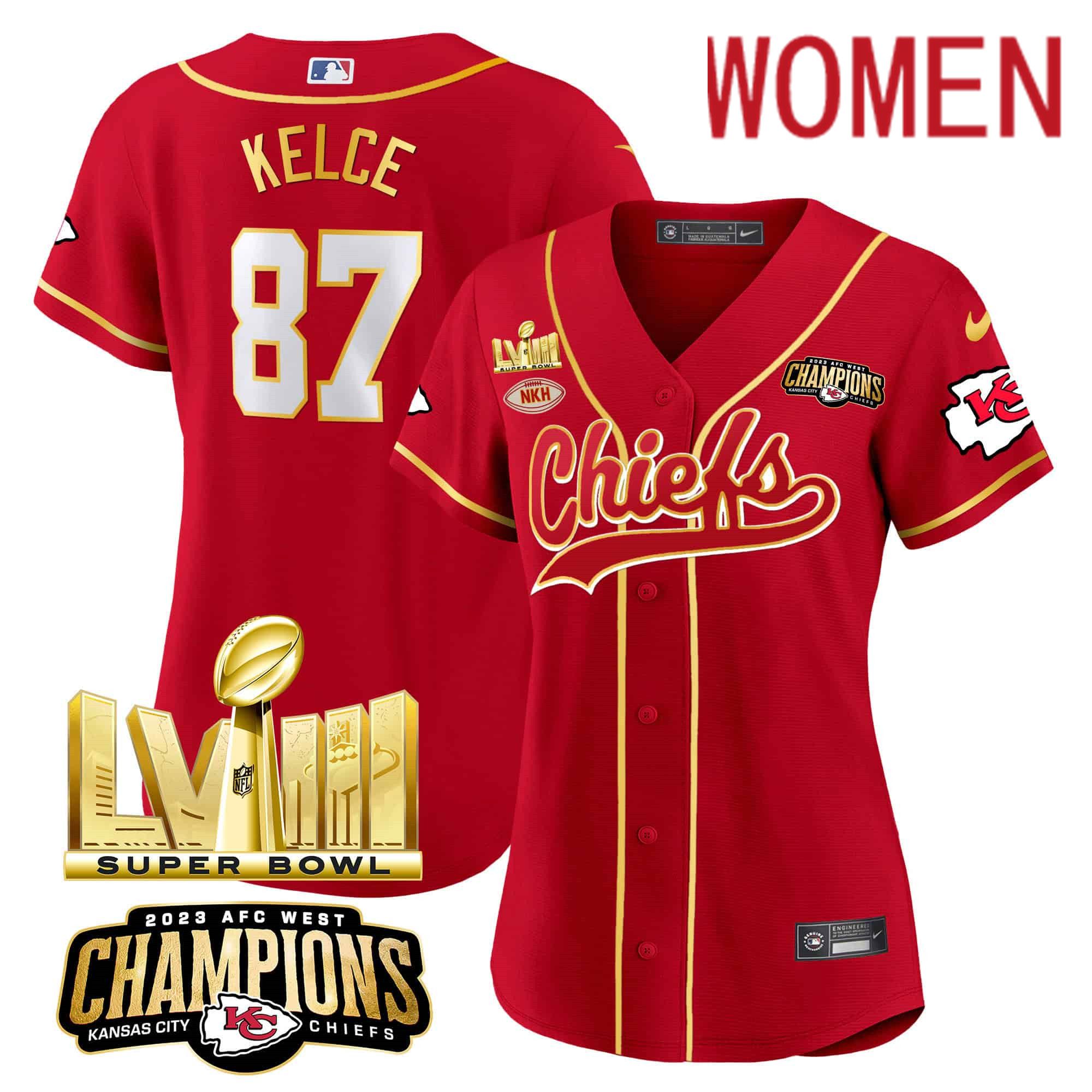 Women Kansas City Chiefs 87 Kelce Red 2024 Nike Super Bowl LVIII Back 2 Back Gold Patch Baseball NFL Jersey